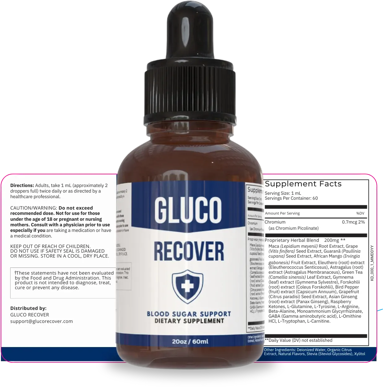 Gluco Recover bottle beside its full label showing directions, warnings and the Supplement Facts panel