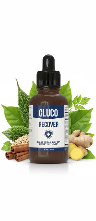 Gluco Recover blood sugar support drops bottle surrounded by bitter melon, cinnamon sticks, ginger root and green leaves