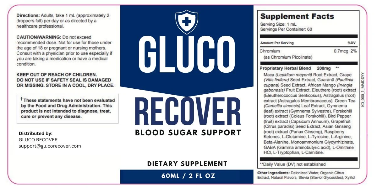 Gluco Recover Supplement Facts panel listing chromium picolinate and the 200 mg proprietary herbal blend