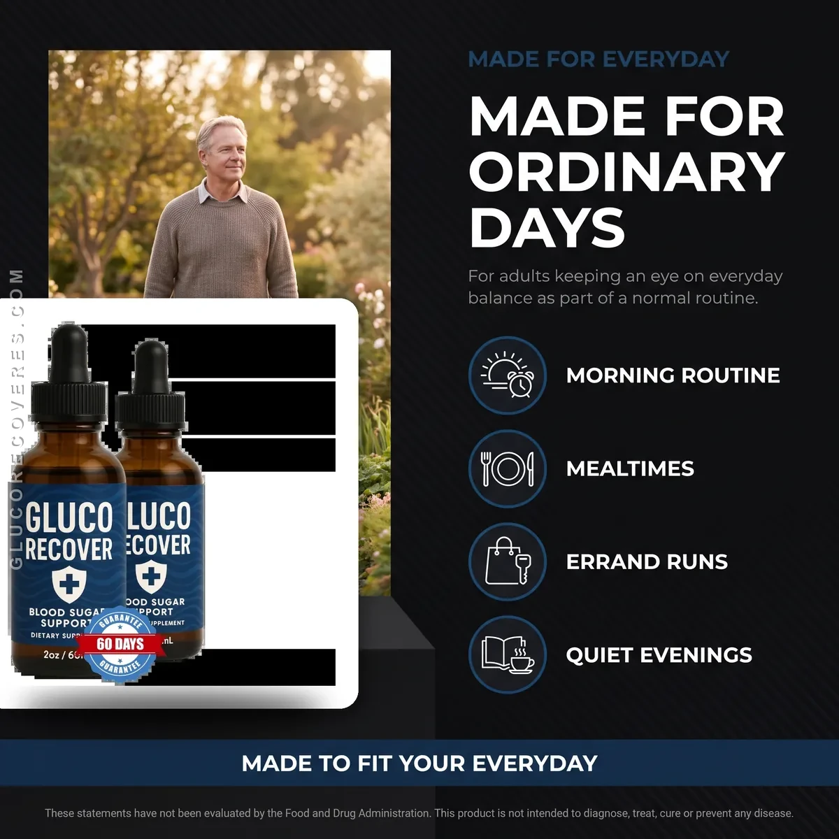 Who Gluco Recover is for: adults fitting the blood sugar support drops into mornings, mealtimes, errands and quiet evenings